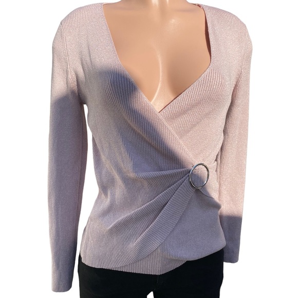INC International Concepts Women's Pink Metallic-Knit Faux-Wrap Sweater L - Picture 1 of 8